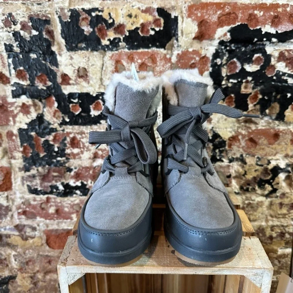Sorel Explorer Joan Waterproof Boots Quarry Grey Faux Fur NL3425-052 Womens 6